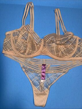 Adore Me Sheer Nude Lace Underwire Bra & Strappy Thong